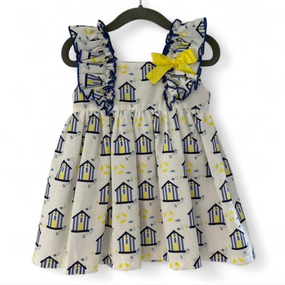 Kids Beach Hut Print Dress with Yellow Bow